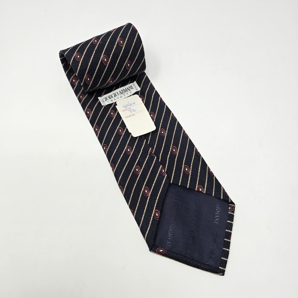 Giorgio Armani Cravatte Navy Blue Striped Medallion Silk Tie Italy Vintage NWT